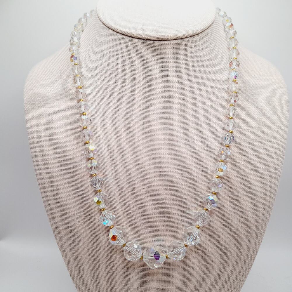 Vintage Aurora Borealis Crystal Necklace 20" Graduated Beads Gold Spacers